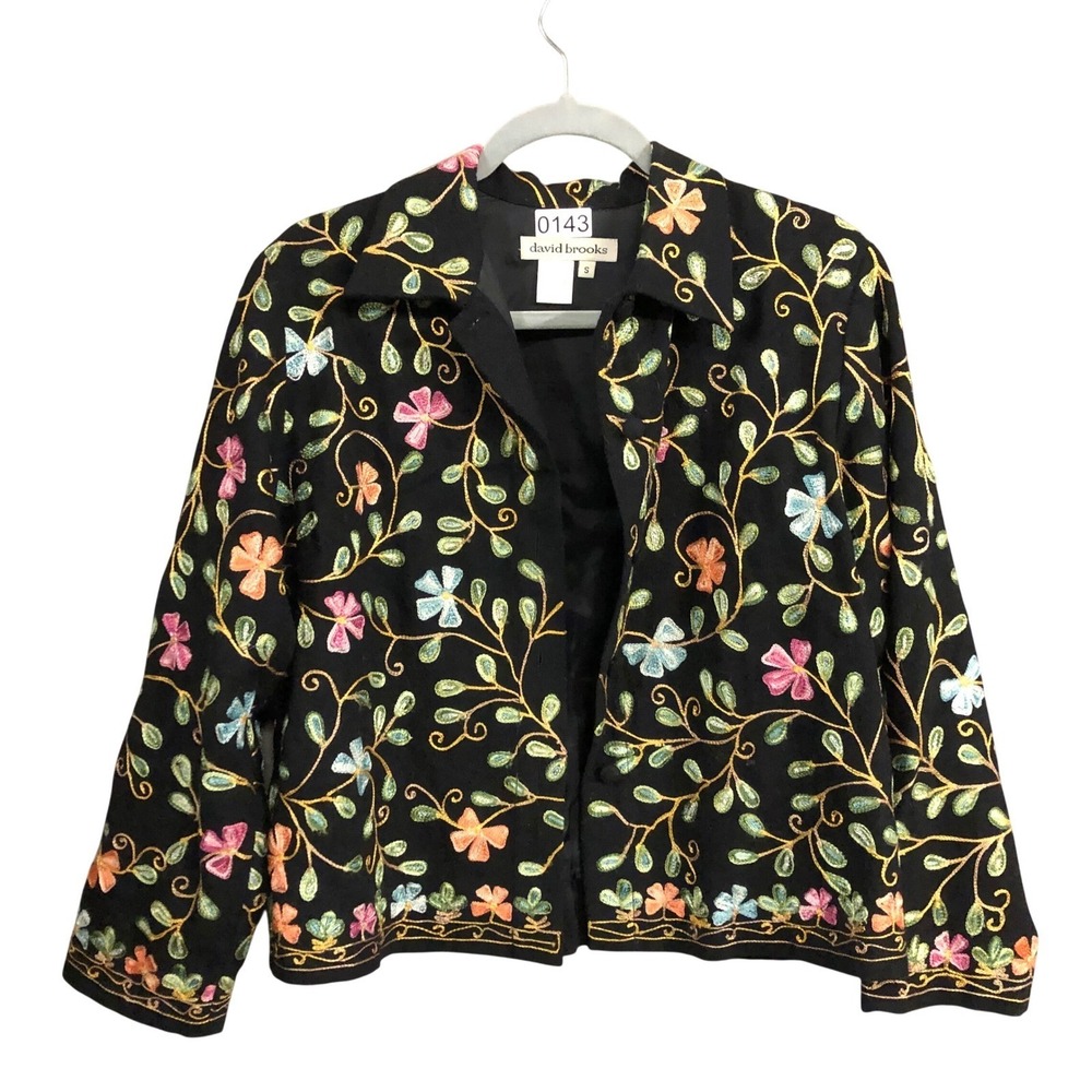 Vtg David‎ Brooks Black Floral Embroidered Boho Folk Art Jacket Blazer Size S